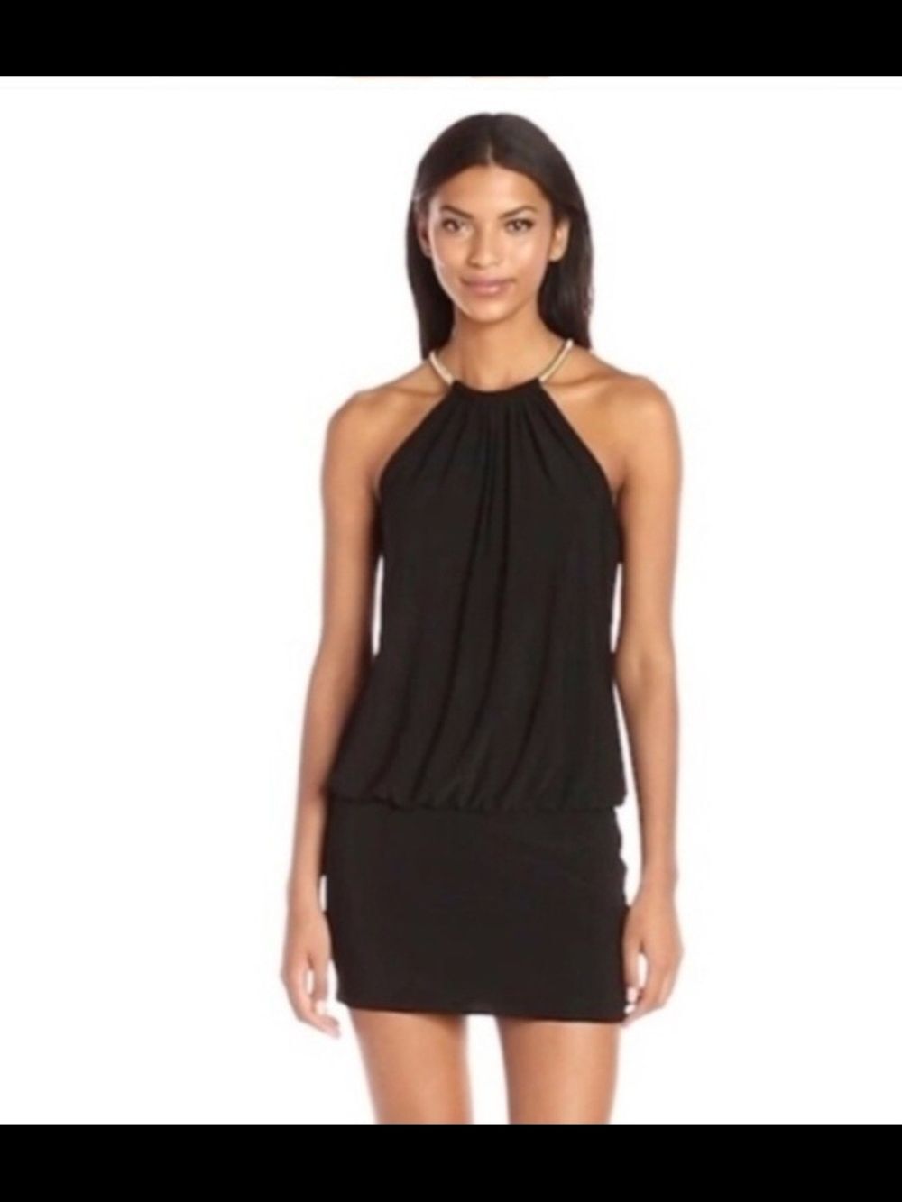 Cache Black Halter Mini Dress with Metallic Neck Accent